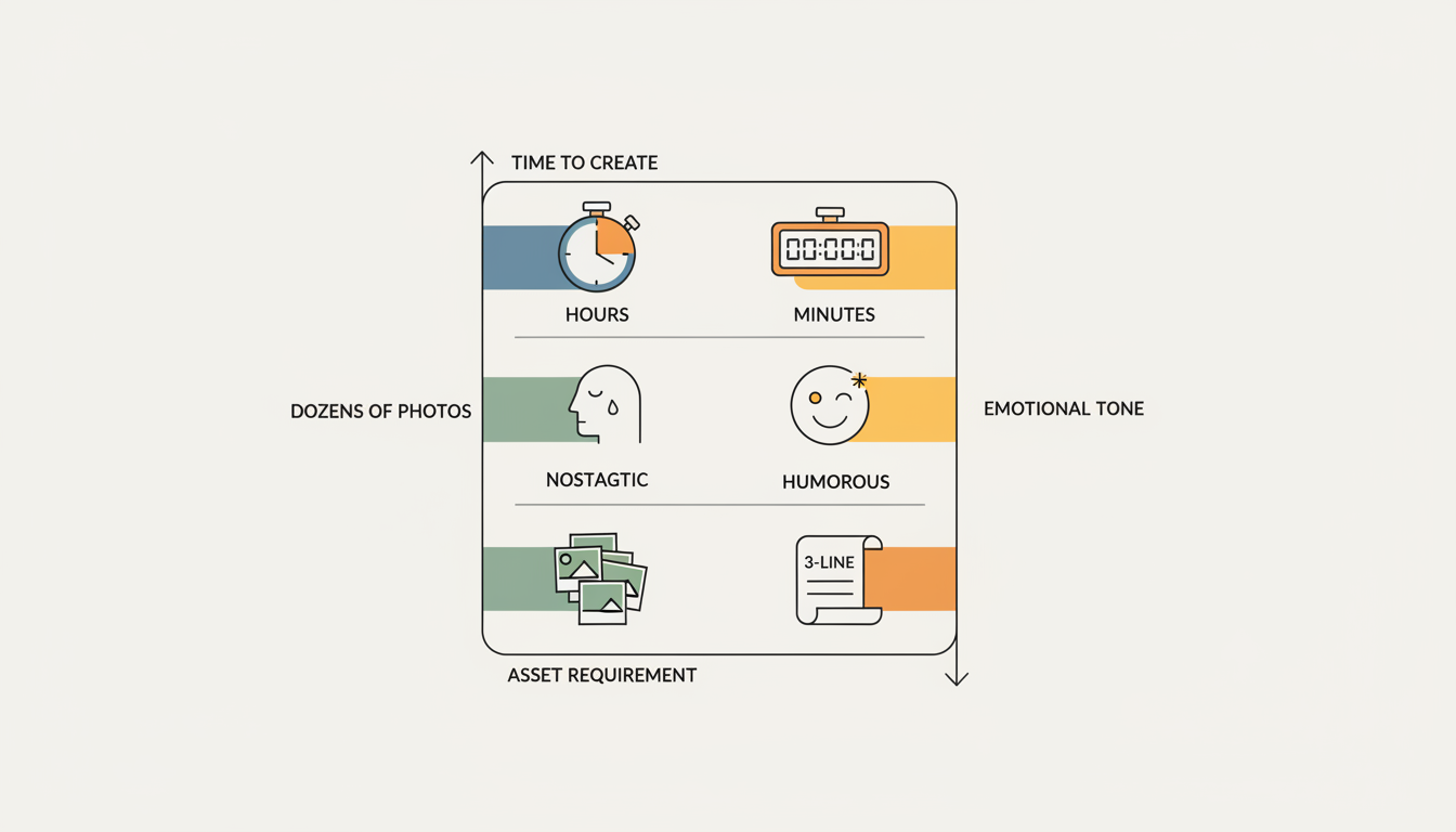 A visual comparison chart comparing the creation time, emotional tone, and asset requirements of AI birthday videos versus photo slideshows.