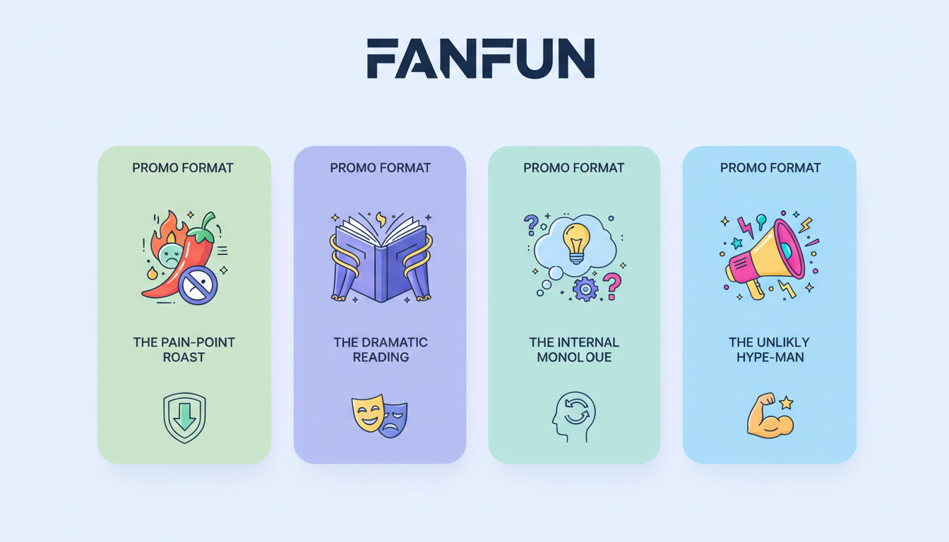 Infographic showing four creative video promo formats for AI voices: Roast, Dramatic Reading, Internal Monologue, and Hype-Man.