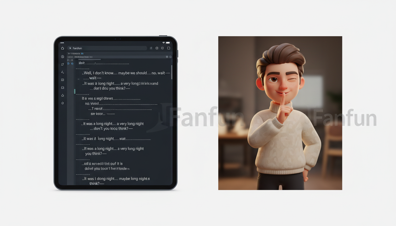 An illustration showing a punctuated script on one side and a character gesturing for silence on the other, representing AI voice timing hacks.
