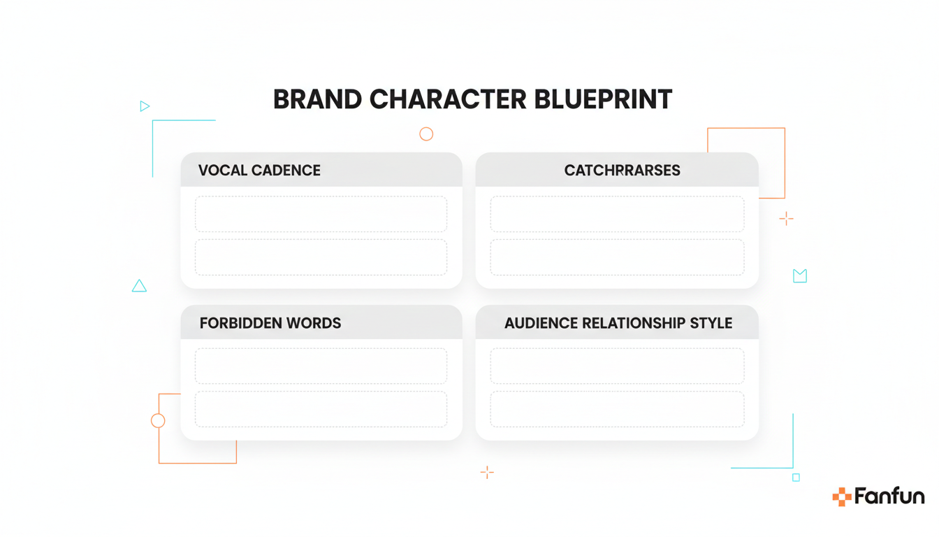 An infographic template showing the essential fields of a Brand Character Blueprint, including vocal cadence, catchphrases, and audience relationship style.