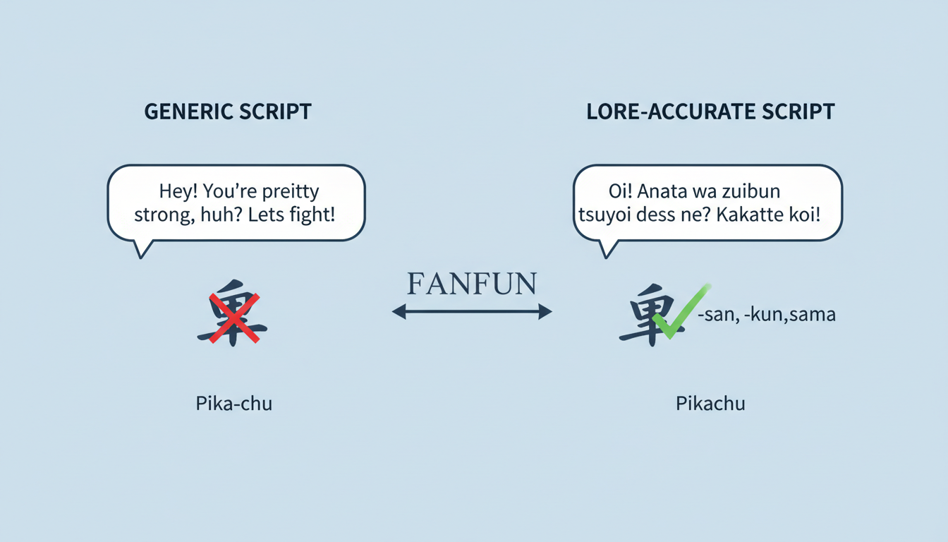 Infographic comparing generic and lore-accurate scripts for AI anime voice generation.