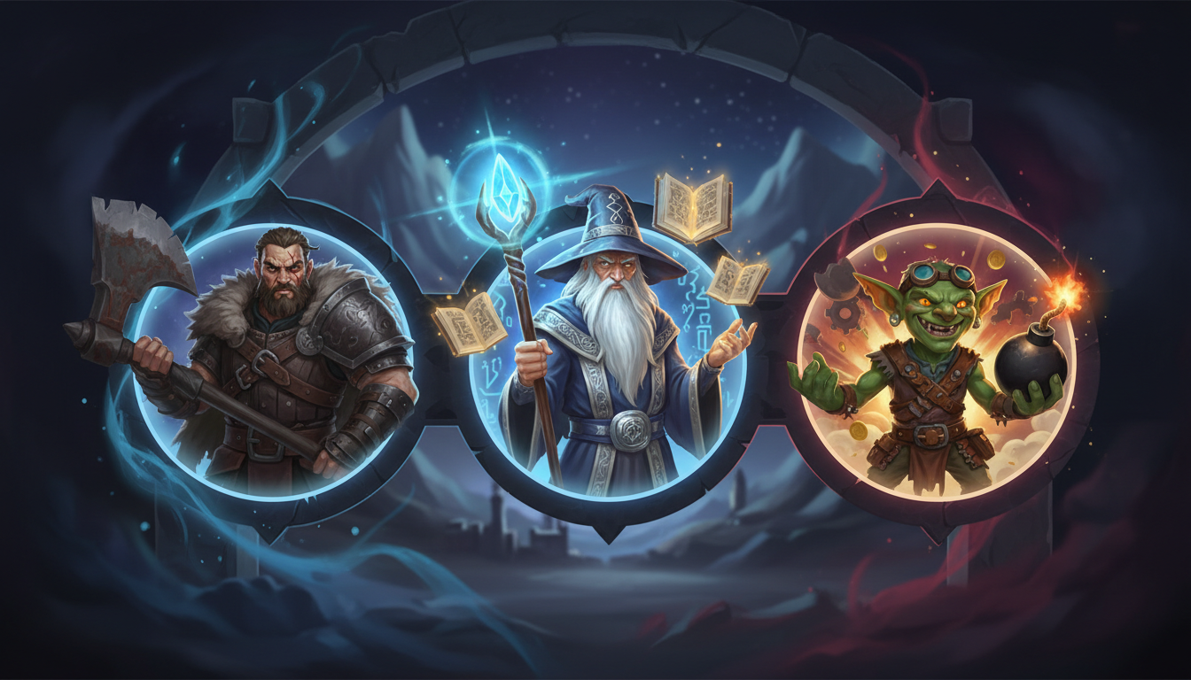 Three fantasy character portraits representing different campaign tones for voiceover narration.