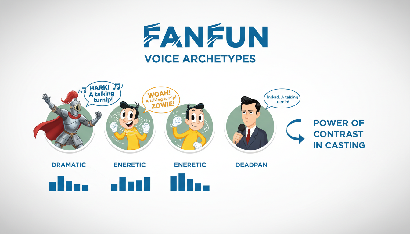 Visual matrix showing three comedic voice archetypes—knight, cartoon, and news anchor—with funny speech bubbles.