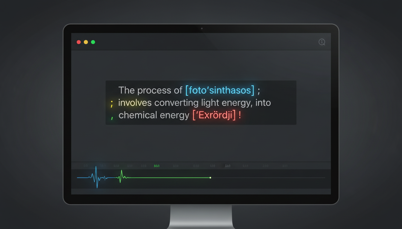 A close-up of a digital AI voice generator interface showing script editing hacks like phonetic spelling and custom pauses.