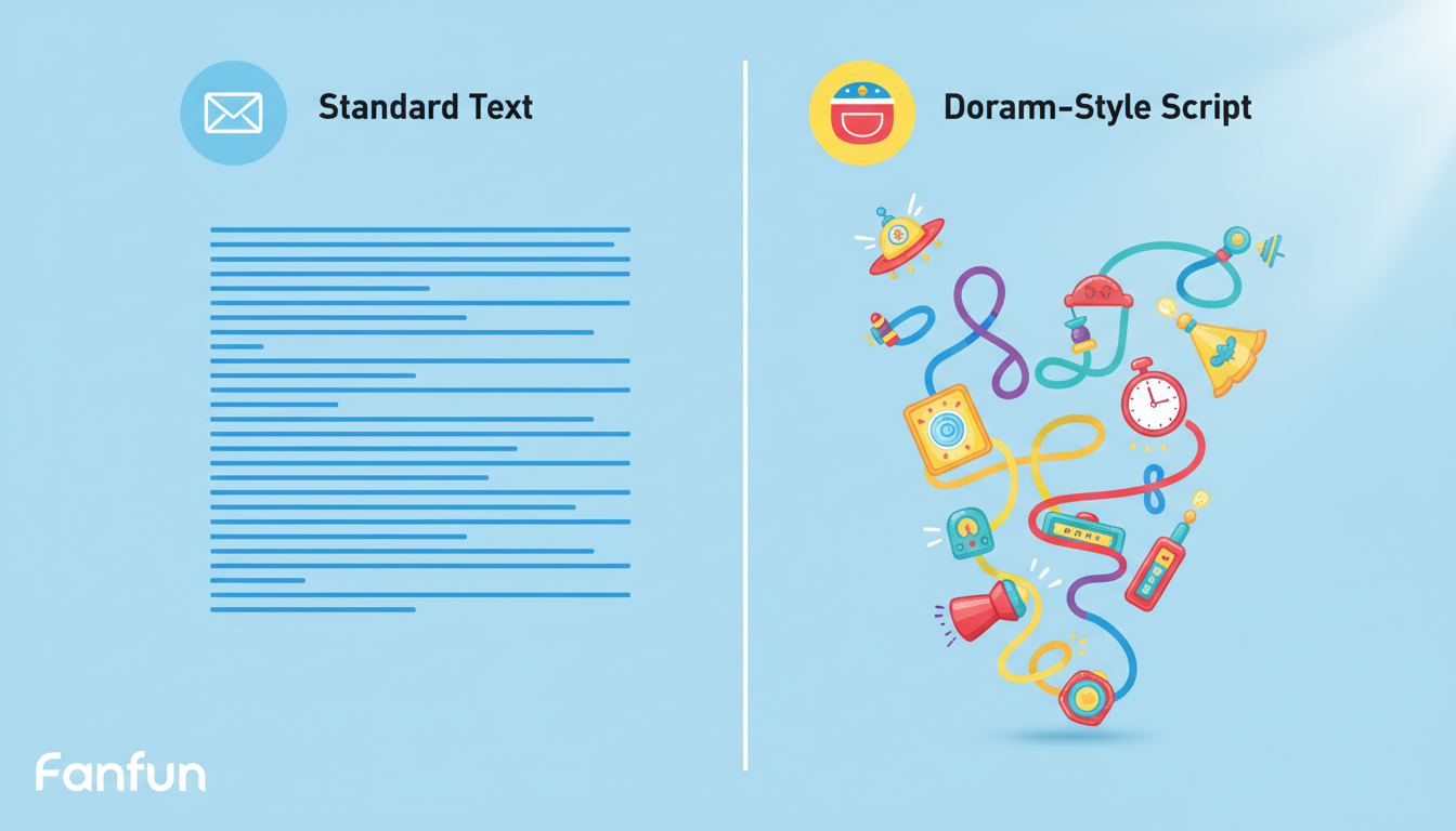 A comparison chart showing how to rewrite a plain birthday message into a fun, gadget-themed character script.