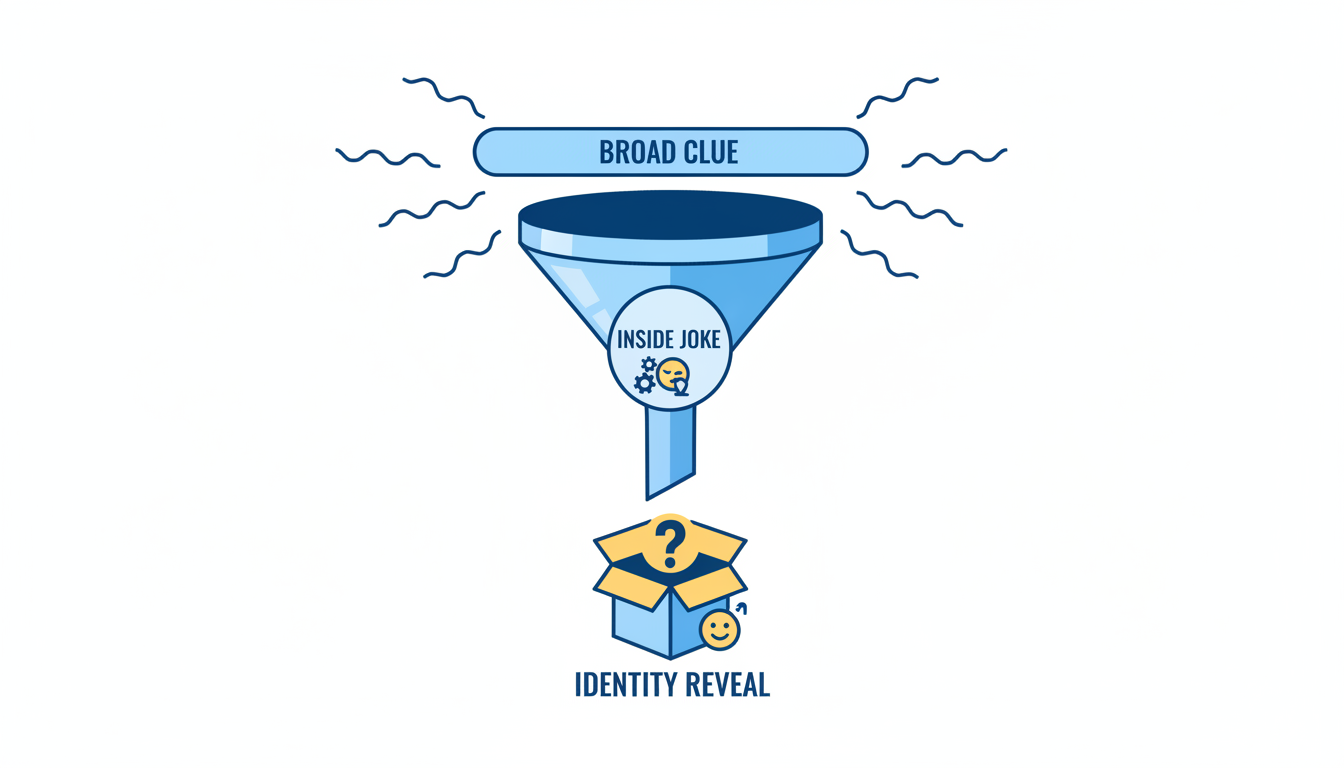 A diagram showing the three stages of a Secret Santa clue-reveal video: Broad Clue, Inside Joke, and Identity Reveal.