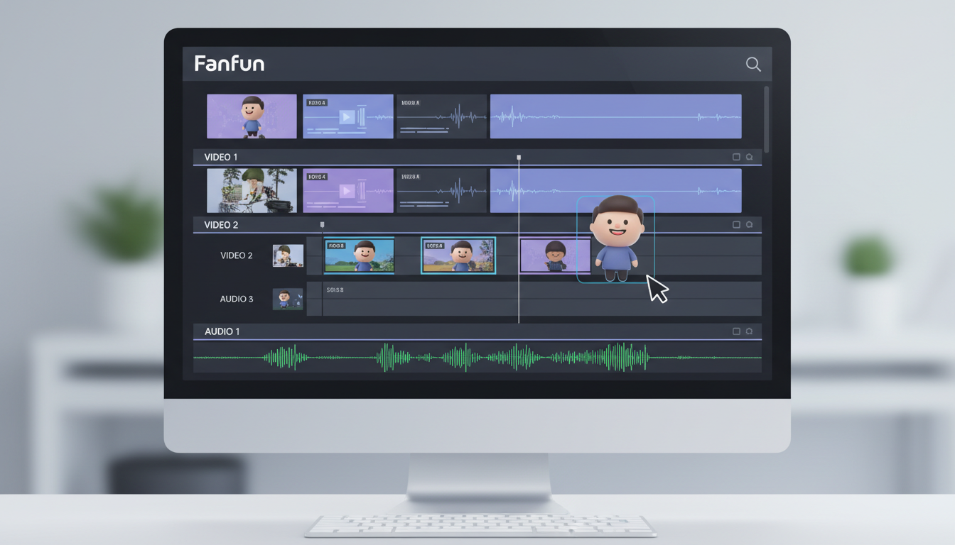 A digital video editing timeline showing the process of layering music, photos, and custom character video clips for an anniversary card.