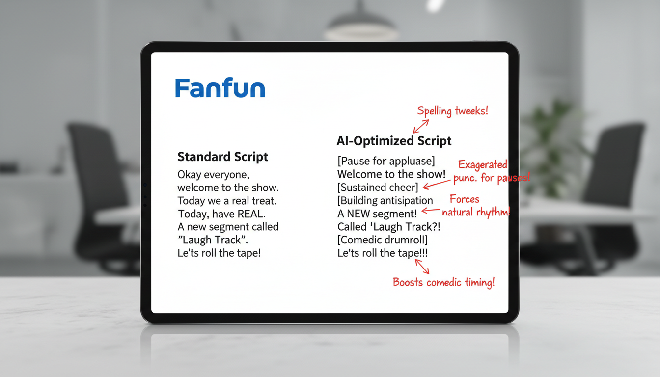 A comparison chart showing how to format a script with phonetic spelling and punctuation for AI character voice generators.