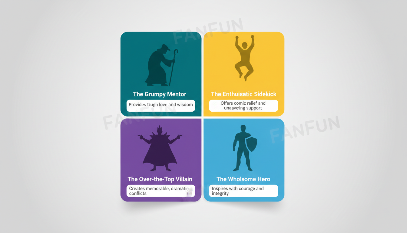 Infographic matrix showing four fictional character script archetypes with writing tips for each.