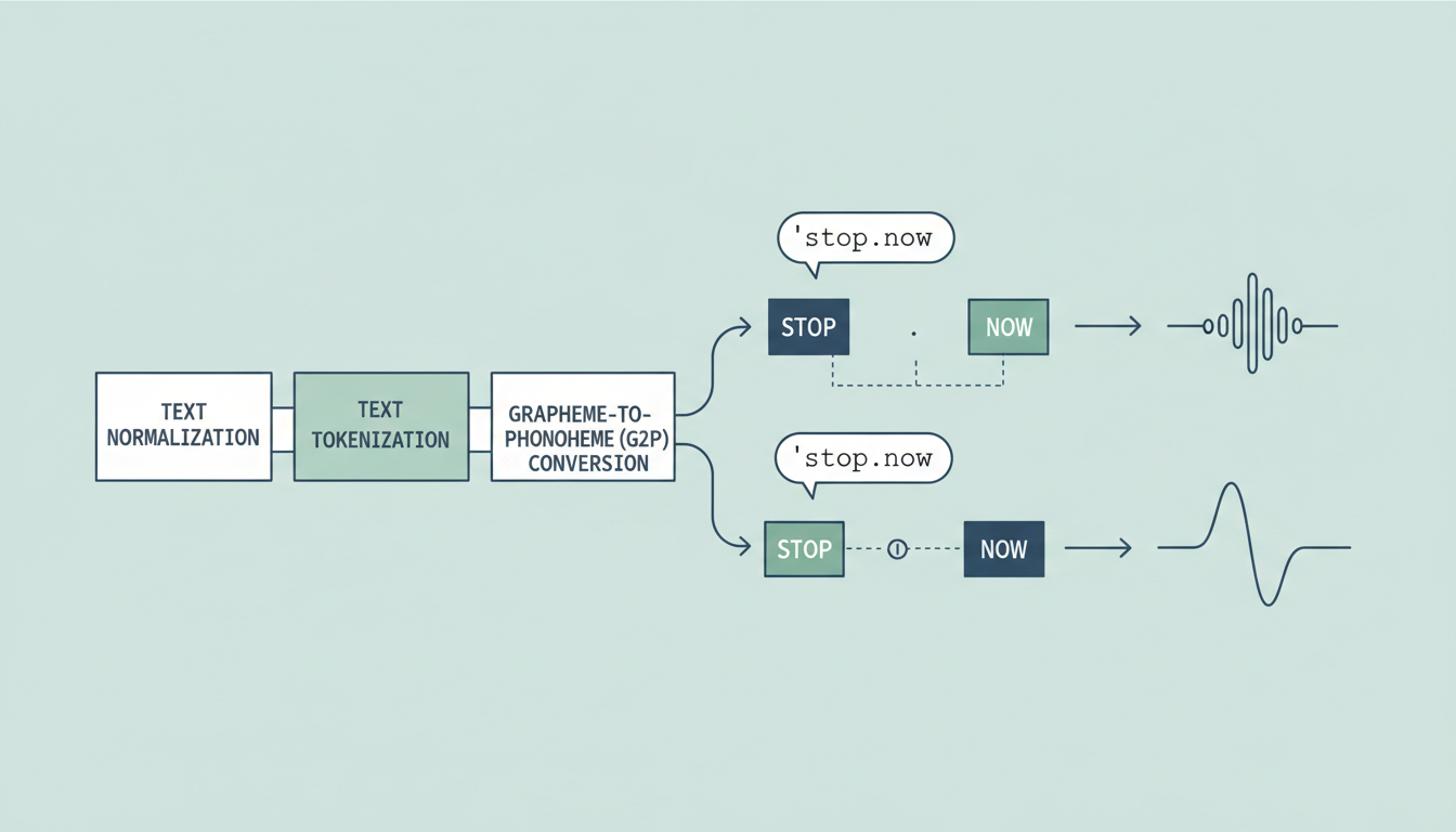 A diagram showing how text normalization and tokenization can misinterpret poorly spaced punctuation as literal words in an AI voice pipeline.