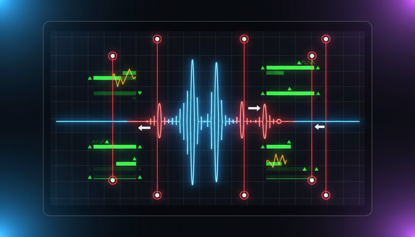 A digital audio workspace showing a waveform with volume and pacing adjustments for a voiceover project.