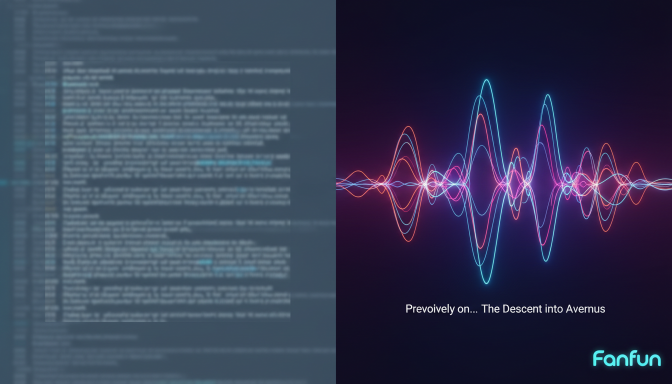 A comparison graphic showing a wall of text versus a clean, cinematic audio waveform player for a D&D recap.