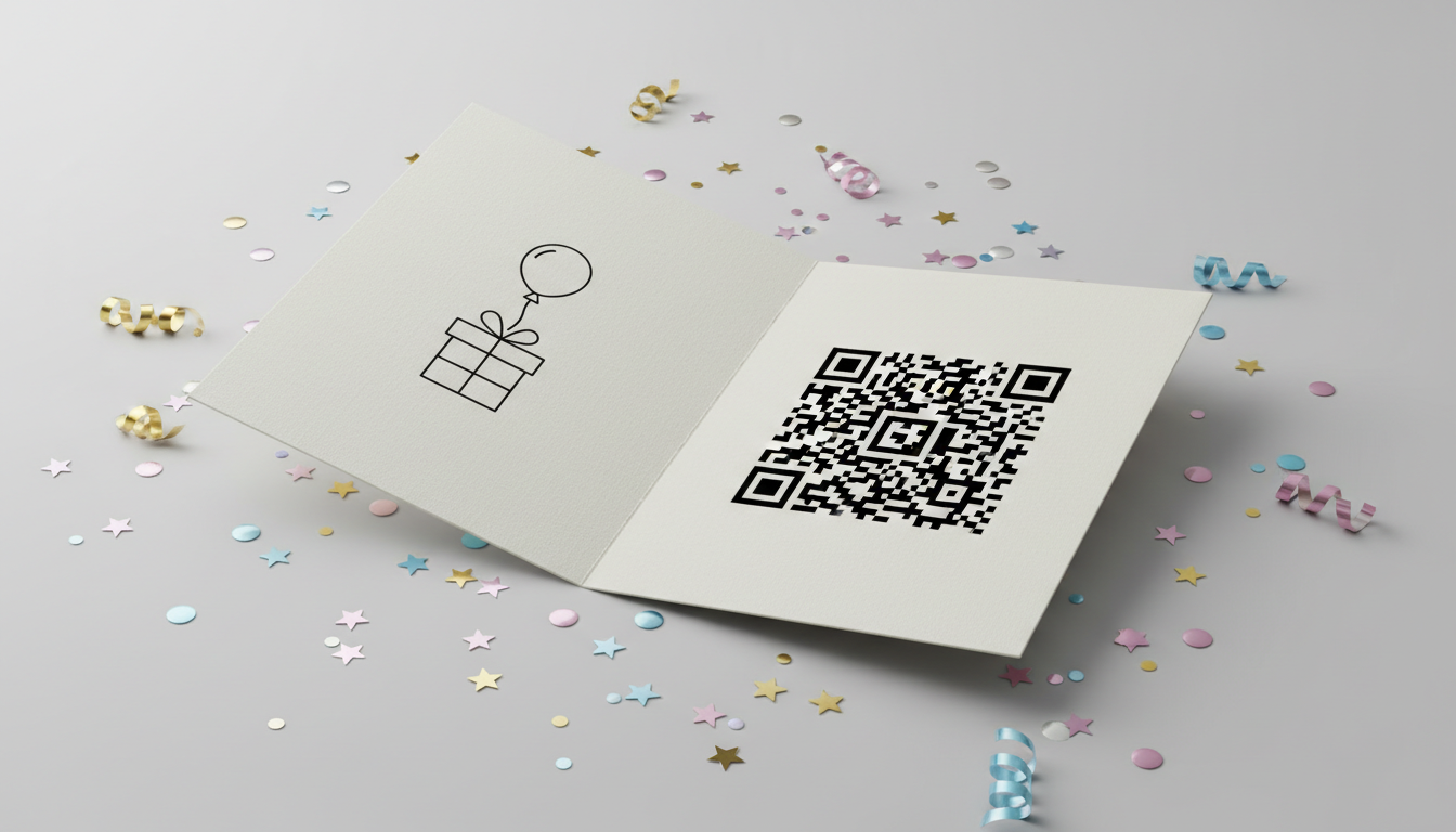 A physical greeting card open on a wooden table, featuring a printed QR code labeled 'Scan for a surprise' with colorful confetti scattered around.