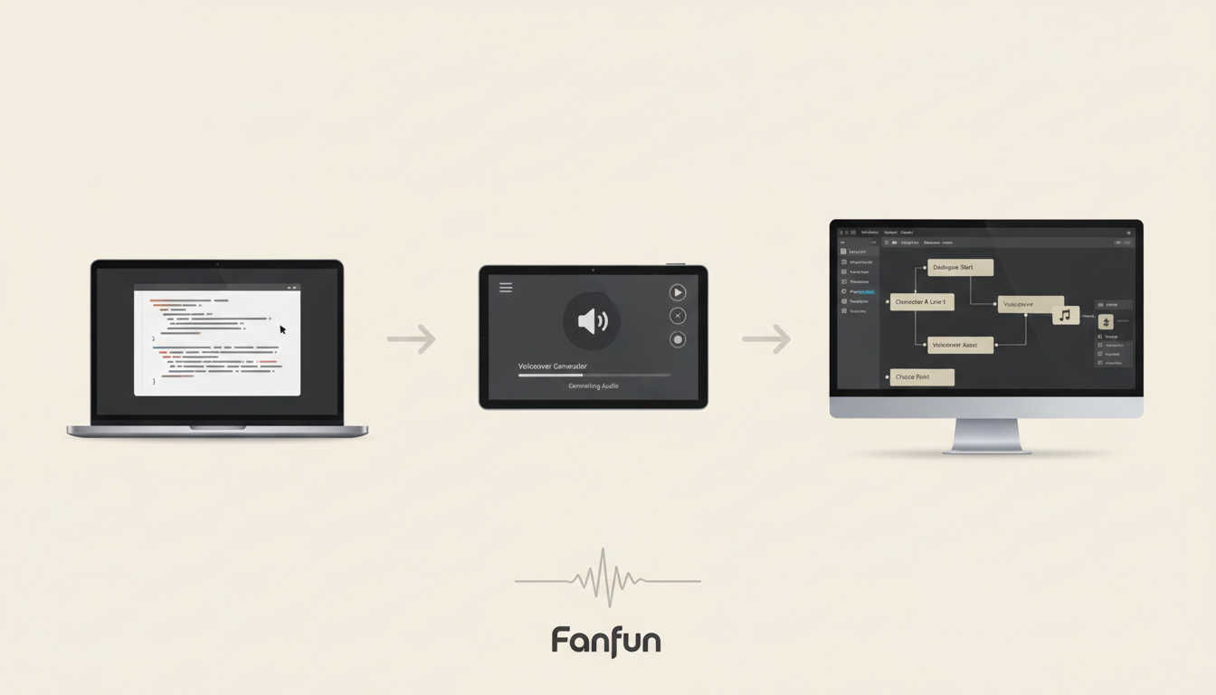 An infographic detailing the workflow of importing a script, generating digital scratch tracks, and placing them into a game engine dialogue system.