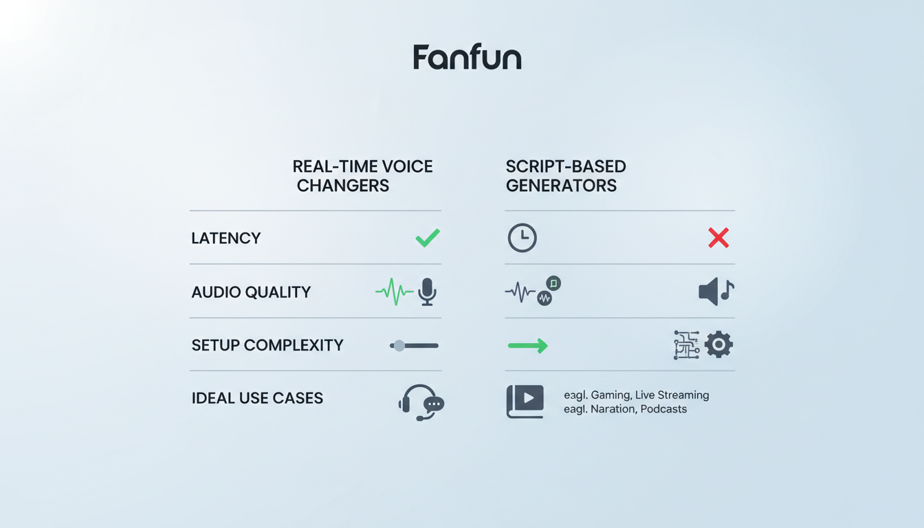 Comparison table comparing the features, pros, and cons of real-time voice changers versus script-based AI voice generators.