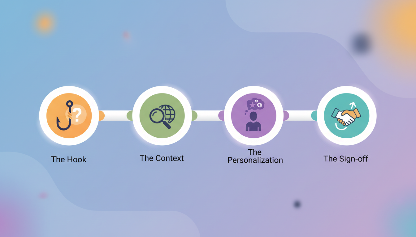 Infographic showing the four stages of a character video script template: Hook, Context, Personalization, and Sign-off.