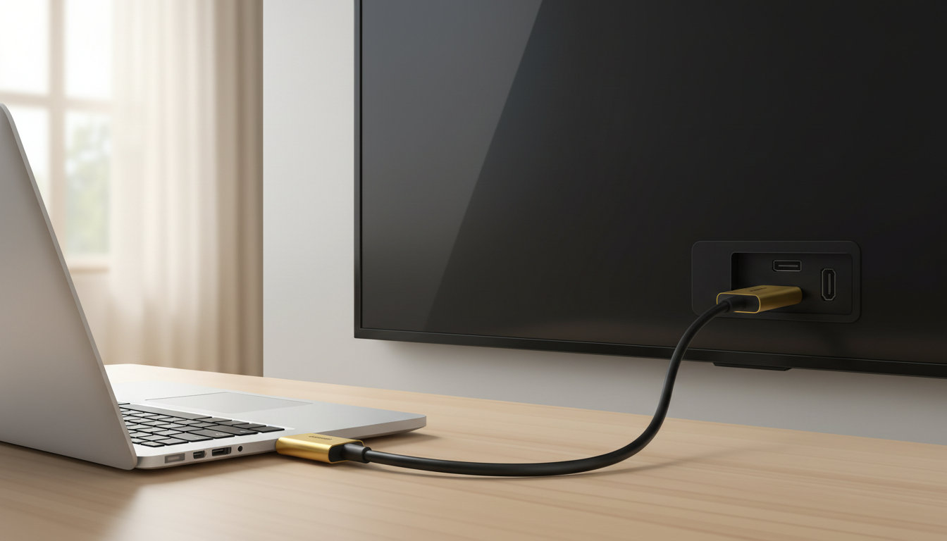 Close-up of an HDMI cable connecting a laptop to a television input panel for reliable video playback.