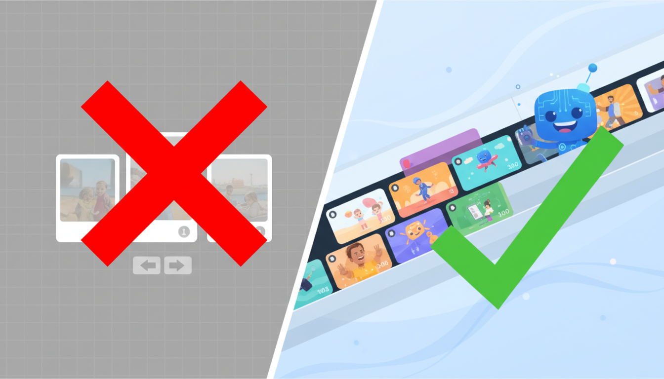Comparison between a static photo slideshow and a dynamic, character-infused custom video layout.