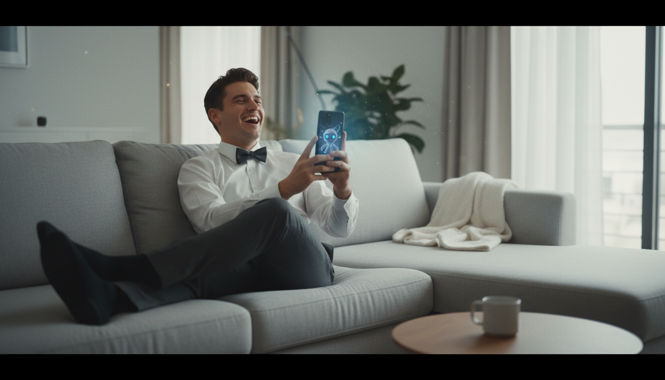 A groomsman laughing at a personalized AI video message on his smartphone.