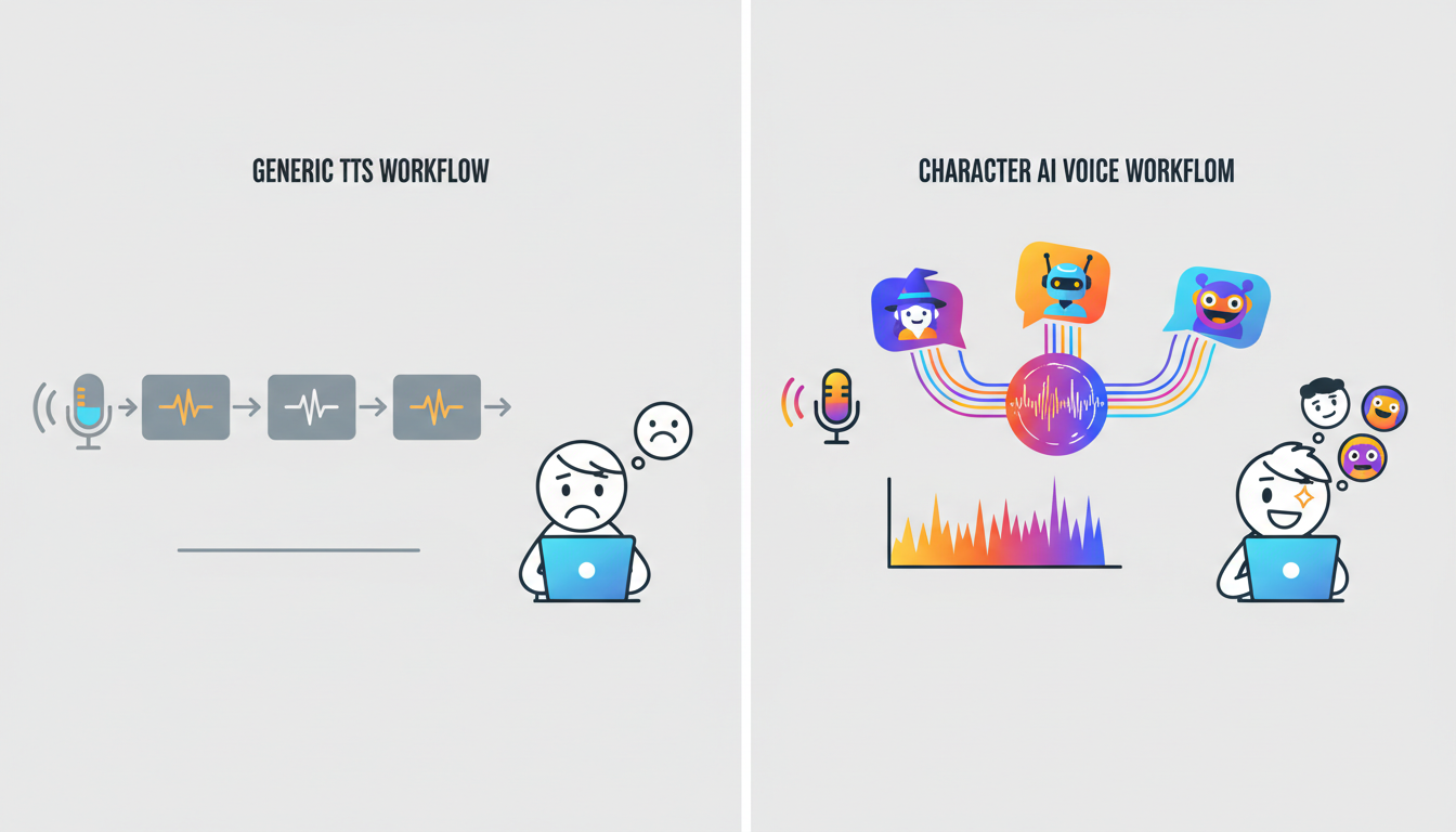 A diagram comparing generic text-to-speech workflow with a dynamic character AI voice workflow for faceless videos.