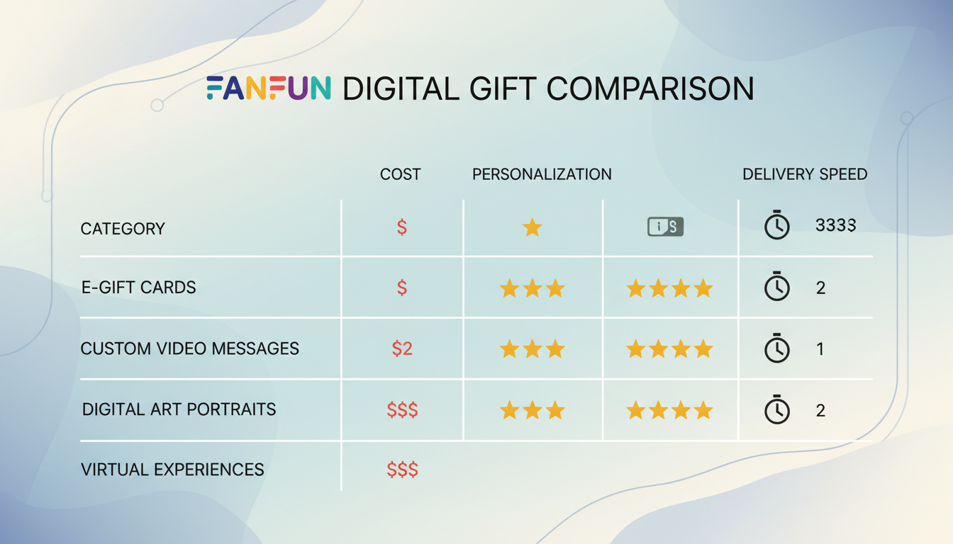 A comparison matrix comparing digital gift cards, learning subscriptions, virtual experiences, and personalized media.