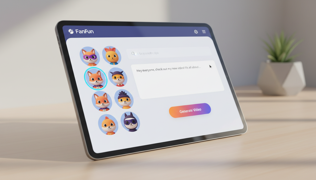 Mockup of the Fanfun interface showing character selection and script input for an AI video message.